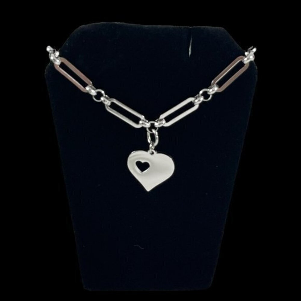 Titanium Steel Double Heart Pendant Link Paperclip Bracelet - NEW
